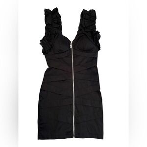 Black bodycon mini dress, full-length exposed front zipper and ruffle straps